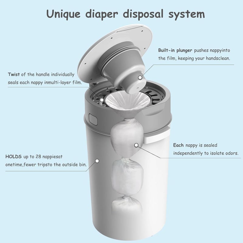Bellababy Diaper Pail, Upgrade Baby Diaper Bin with Double Odor Locking, Includes 1 Refill (270 inches/pcs), Compact Design for Nursery - Image 4